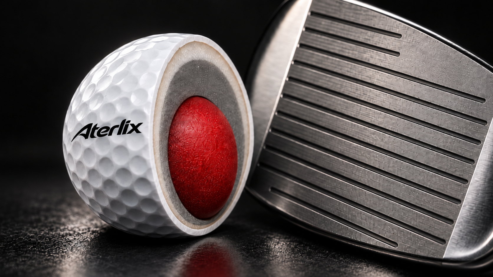 ATERLIX golf ball material layers and precision-milled club surface